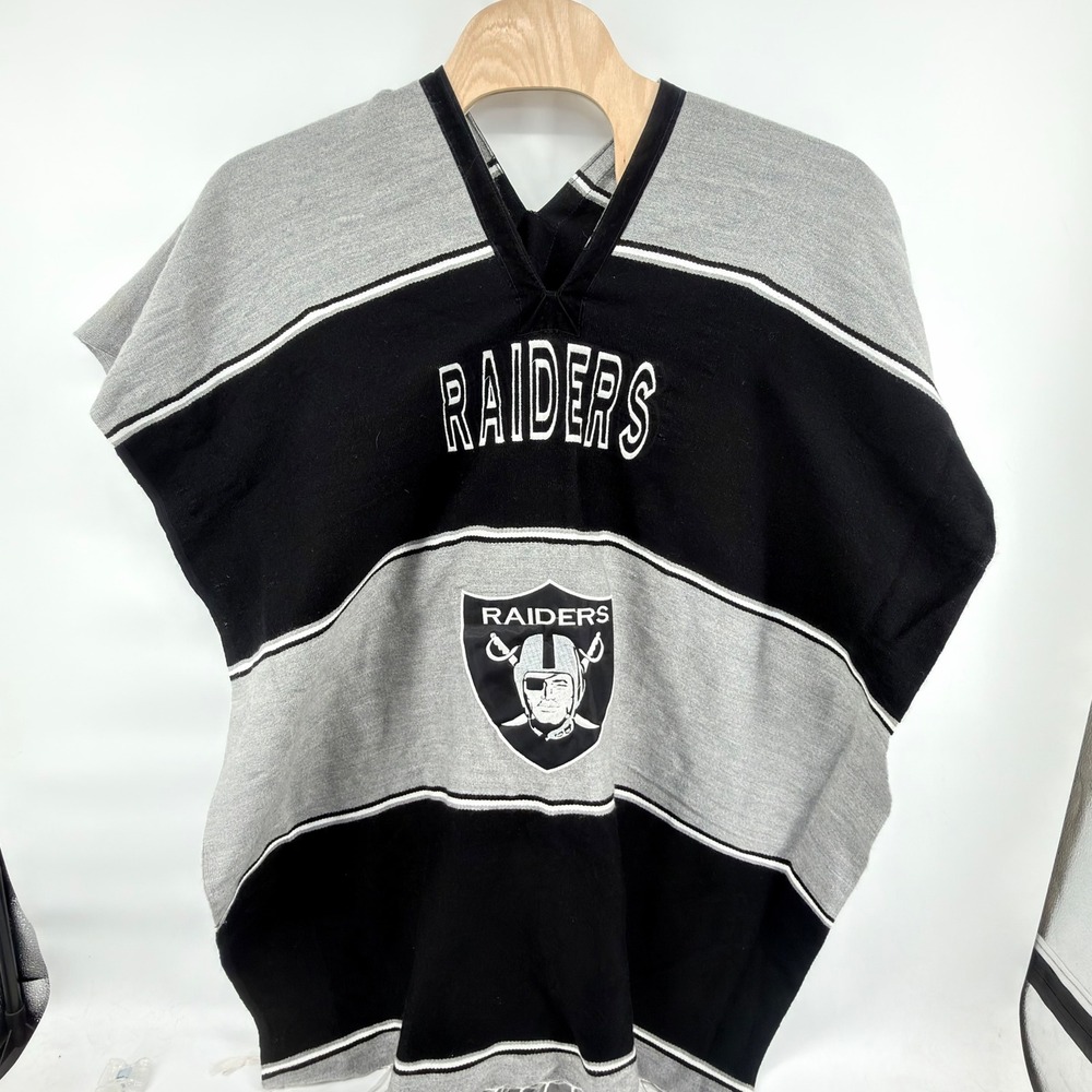 Raiders Vintage Knit Poncho Mens OSFM Black Gray Striped Woven Serape Blanket